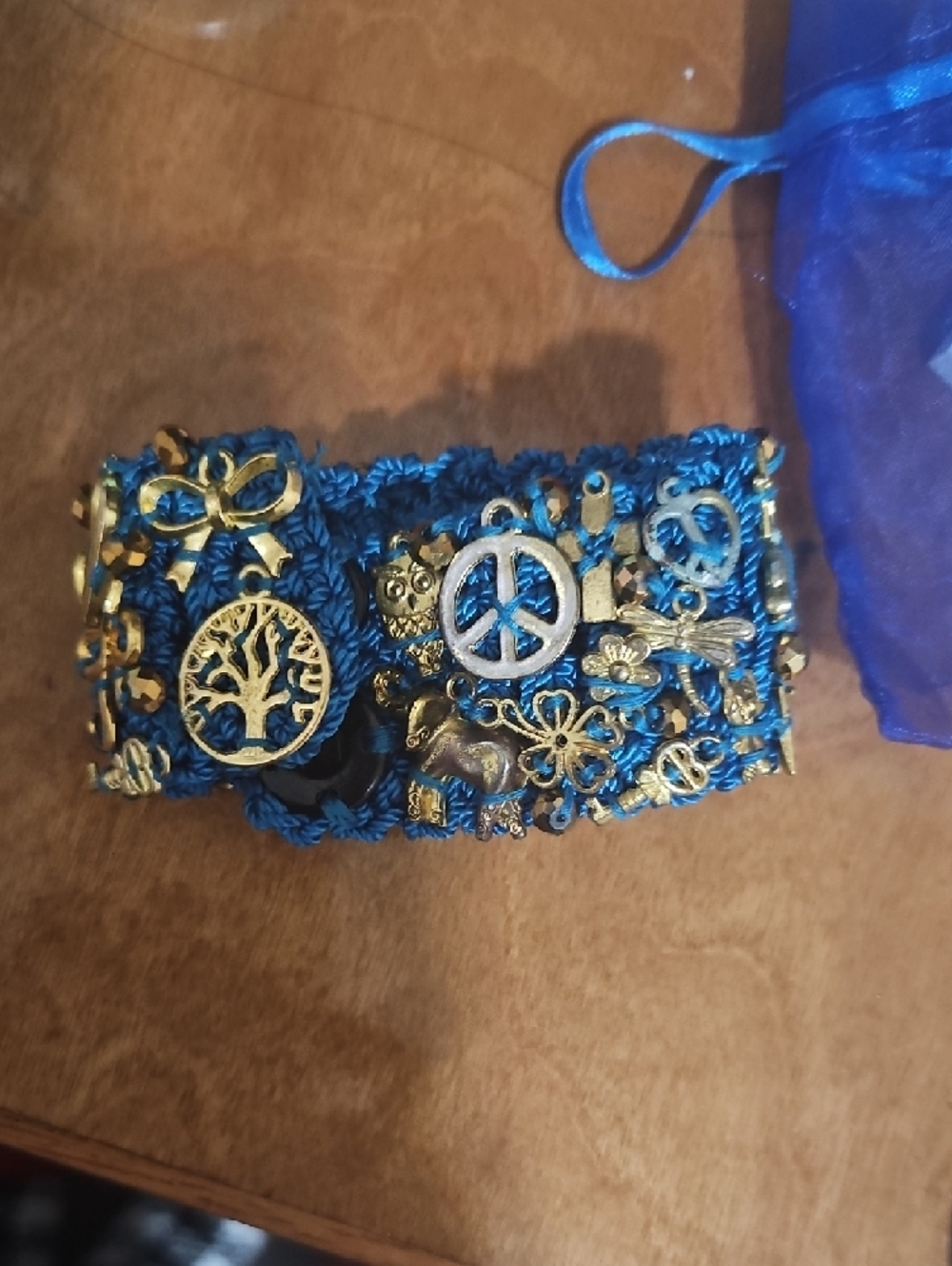 Frida Khalo Blue Crochet Charm Bracelet with Gold Accents - Picture 6 of 8